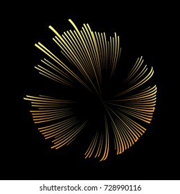Gold vector firework shape. Burst light rays. Exploding graphic element isolated on black background.  Festive design decoration