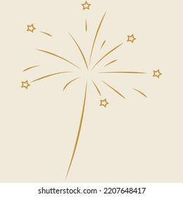 Gold vector fireworks and stars on beige. Festive Birthday, Christmas or New Year clip art.