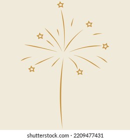  Gold vector fireworks and stars on beige. Festive Birthday, Christmas or New Year clip art.
