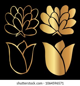 Gold Vector of Flower Summer Nature Spring Blossom Plant Floral Garden. Flat Line Icon Logo, Sign, Symbol, Object. Graphic Design Element, Illustration, Poster, Print.