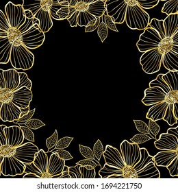 Gold vector flowers frame with hand drawn contour lines, decorative elements for greeting cards, wedding invitations, scrapbooking
