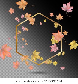 Gold vector frame with flying or falling maple leaves. Vector abstract autumn background