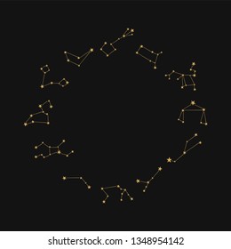 Gold vector frame with stars constellation. Hand drawn circle borders. Isolated illustration.