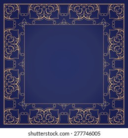 Gold vector frame in Victorian style on dark blue background. Baroque ornate element and place for text. Golden ornamental pattern and traditional decor.