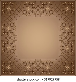 Gold vector frame in Victorian style on a brown background. Baroque ornate element and place for text. Golden ornamental pattern and traditional decor.