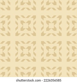 Gold vector geometric seamless pattern with tribal ethnic motif. Modern folk ornament. Simple abstract golden texture with grid, lattice, squares, floral shapes. Vintage style luxury repeat background