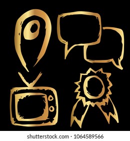Gold Vector of GPS Travel Destination, Bubble Message, Old television, Champion Award Winner. Flat Line Icon Logo, Sign, Symbol, Object. Graphic Design Element, Illustration, Poster, Print.