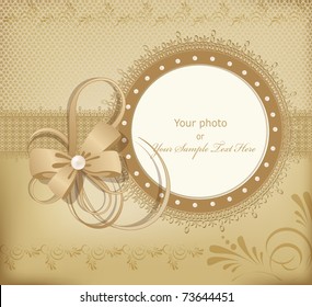 gold vector greeting wedding frame for photo with a bow, pearls and lace