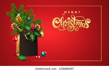 Gold Vector hand drawn lettering text Merry Christmas. 3d Shopping bag, bouquet spruce, fir branches, xmas toys, colorful balls, holly berries, leaves, sweets, empty space for Christmas festive text