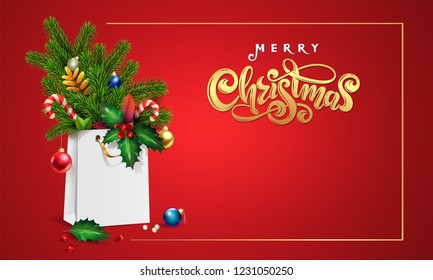 Gold Vector hand drawn lettering text Merry Christmas. 3d Shopping bag, spruce, fir branches, xmas toys, colorful balls, holly berries, leaves, sweets, empty red space for Christmas festive text