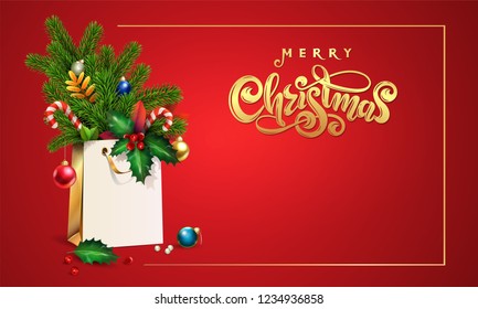Gold Vector hand drawn lettering text Merry Christmas. 3d Shopping bag, spruce, fir branches, xmas toys, colorful balls, holly berries, leaves, sweets, empty red space for Christmas festive text