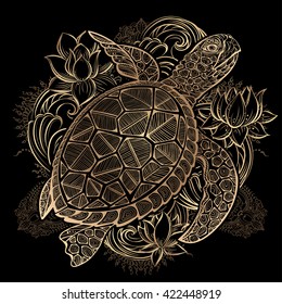  gold vector hand drawn sea turtle and lotus flowers on black background