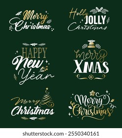 Gold vector hand-drawn doodle file. Trendy typography calligraphy lettering quotes about winter Christmas and New Year holidays background.