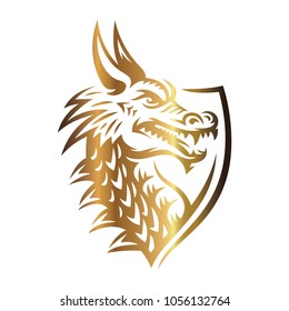 Gold vector head of a dragon in the form of a shield illustration, print, emblem design on a white background.