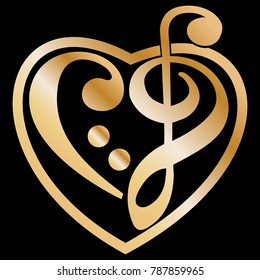 Gold vector heart shaped music key engraving. Luxury metallic sign, formed with musical notation symbols clef treble, Shiny heart tattoo illustration isolated on black background.