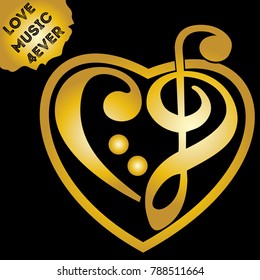 Gold vector heart shaped music key engraving. Luxury metallic sign, formed with musical notation symbols clef treble, Shiny heart tattoo illustration isolated on black background.