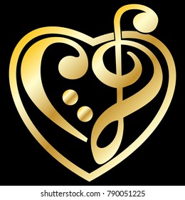 Gold vector heart shaped music key engraving. Luxury metallic sign, formed with musical notation symbols clef treble, Shiny heart tattoo illustration isolated on black background.
