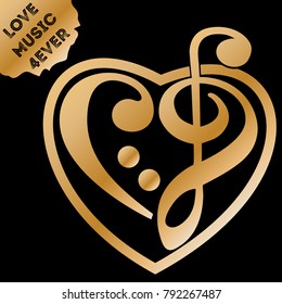 Gold vector heart shaped music key engraving. Luxury metallic sign, formed with musical notation symbols clef treble, Shiny heart tattoo illustration isolated on black background.