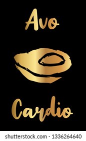 Gold Vector Illustration of "Avo-Cardio" Text with Cute and Funny Avocado Icon. Graphic Design for Poster, Shirt, Background, Template, Layout and More.