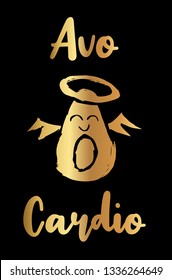 Gold Vector Illustration of "Avo-Cardio" Text with Cute and Funny Avocado Icon. Graphic Design for Poster, Shirt, Background, Template, Layout and More.