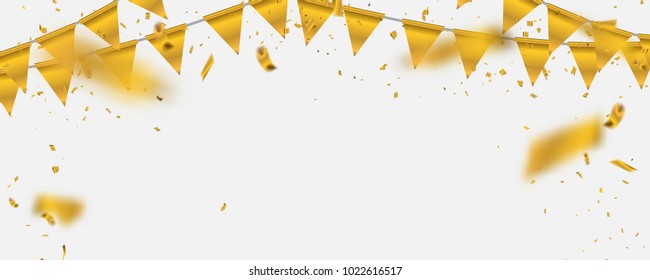 Gold vector illustration Confetti and flag ribbons, Celebration background template with