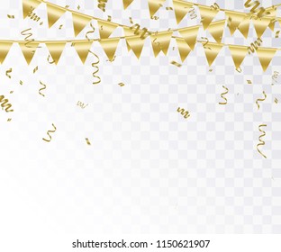 Gold vector illustration Confetti and flag ribbons, Celebration background template with