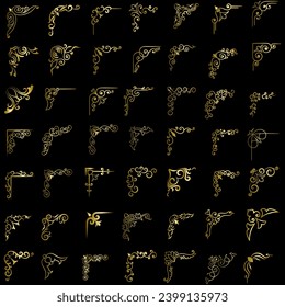 Gold vector illustration of decorative corner frame set. Hand Draw of Corners Different Shapes golden corner frame vintage frame decoration, Gold floral ornaments. 