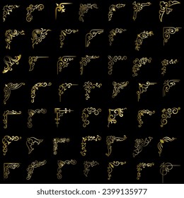 Gold vector illustration of decorative corner frame set. Hand Draw of Corners Different Shapes golden corner frame vintage frame decoration, Gold floral ornaments. 