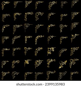 Gold vector illustration of decorative corner frame set. Hand Draw of Corners Different Shapes golden corner frame vintage frame decoration, Gold floral ornaments. 