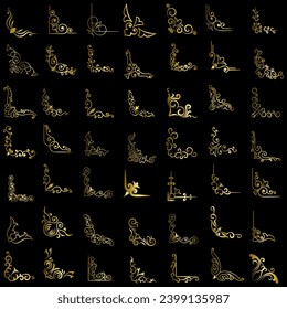 Gold vector illustration of decorative corner frame set. Hand Draw of Corners Different Shapes golden corner frame vintage frame decoration, Gold floral ornaments. 