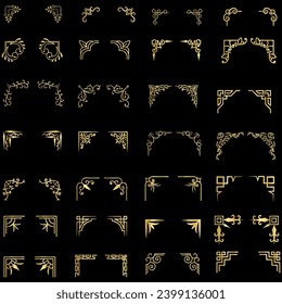 Gold vector illustration of decorative corner frame set. Hand Draw of Corners Different Shapes golden corner frame vintage frame decoration, Gold floral ornaments. 