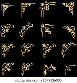 Gold vector illustration of decorative corner frame set. Hand Draw of Corners Different Shapes golden corner frame vintage frame decoration, Gold floral ornaments. 