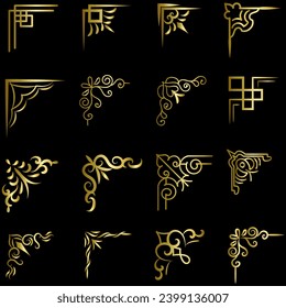 Gold vector illustration of decorative corner frame set. Hand Draw of Corners Different Shapes golden corner frame vintage frame decoration, Gold floral ornaments. 