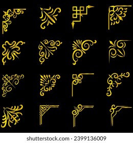 Gold Vektorgrafik des dekorativen Eckrahmens. Handgezeichnet von Ecken Verschiedene Formen goldener Eckrahmen Vintage Rahmen Dekoration, Gold Blumen-Ornamente. 