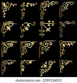 Gold vector illustration of decorative corner frame set. Hand Draw of Corners Different Shapes golden corner frame vintage frame decoration, Gold floral ornaments. 