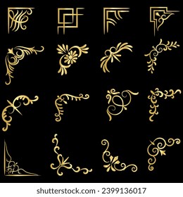 Gold vector illustration of decorative corner frame set. Hand Draw of Corners Different Shapes golden corner frame vintage frame decoration, Gold floral ornaments. 