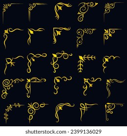Ilustración vectorial de oro del conjunto de marcos de esquina decorativa. Dibujo manual de las esquinas Diferentes Formas de esquina dorado marco vintage decoración de marco, Ornamentos florales de oro. 