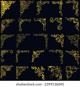 Gold vector illustration of decorative corner frame set. Hand Draw of Corners Different Shapes golden corner frame vintage frame decoration, Gold floral ornaments. 