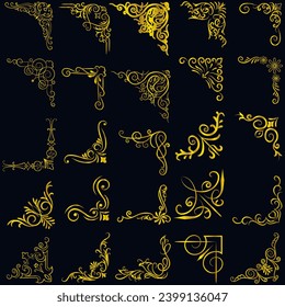 Gold vector illustration of decorative corner frame set. Hand Draw of Corners Different Shapes golden corner frame vintage frame decoration, Gold floral ornaments. 