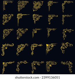 Gold vector illustration of decorative corner frame set. Hand Draw of Corners Different Shapes golden corner frame vintage frame decoration, Gold floral ornaments. 