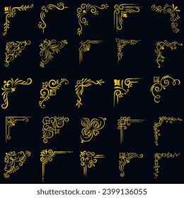 Gold vector illustration of decorative corner frame set. Hand Draw of Corners Different Shapes golden corner frame vintage frame decoration, Gold floral ornaments. 