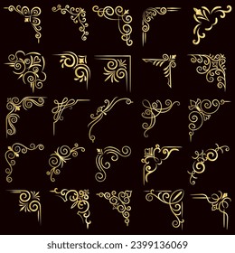 Gold vector illustration of decorative corner frame set. Hand Draw of Corners Different Shapes golden corner frame vintage frame decoration, Gold floral ornaments. 