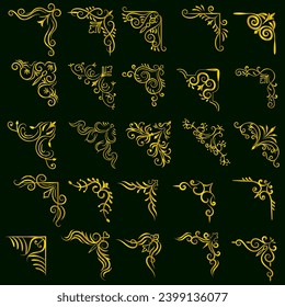 Gold vector illustration of decorative corner frame set. Hand Draw of Corners Different Shapes golden corner frame vintage frame decoration, Gold floral ornaments. 