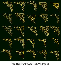 Gold vector illustration of decorative corner frame set. Hand Draw of Corners Different Shapes golden corner frame vintage frame decoration, Gold floral ornaments. 