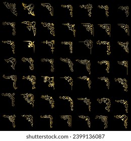 Gold vector illustration of decorative corner frame set. Hand Draw of Corners Different Shapes golden corner frame vintage frame decoration, Gold floral ornaments. 