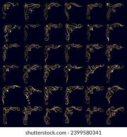 Gold vector illustration of decorative corner frame set. Hand Draw of Corners Different Shapes golden corner frame vintage frame decoration, Gold floral ornaments. 