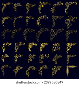 Gold vector illustration of decorative corner frame set. Hand Draw of Corners Different Shapes golden corner frame vintage frame decoration, Gold floral ornaments. 