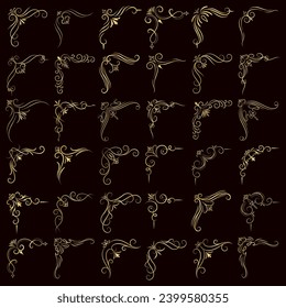 Gold vector illustration of decorative corner frame set. Hand Draw of Corners Different Shapes golden corner frame vintage frame decoration, Gold floral ornaments. 