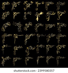 Gold vector illustration of decorative corner frame set. Hand Draw of Corners Different Shapes golden corner frame vintage frame decoration, Gold floral ornaments. 