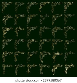 Ilustración vectorial de oro del conjunto de marcos de esquina decorativa. Dibujo manual de las esquinas Diferentes Formas de esquina dorado marco vintage decoración de marco, Ornamentos florales de oro. 